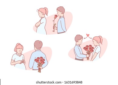 Love, romantic, relation, invitation, set. Infatuated young boy presenting bouquet to girl. Romantic child relationship in love. Date invitation. Sincere teen feeling of crush simple flat vector.