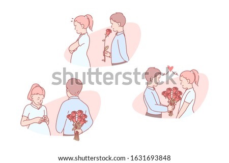 Love, romantic, relation, invitation, set. Infatuated young boy presenting bouquet to girl. Romantic child relationship in love. Date invitation. Sincere teen feeling of crush simple flat vector.