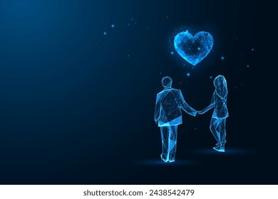 Love, romantic relationshios futuristic concept with man and woman couple holding hands and looking at heart in glowing polygonal style on dark blue background. Abstract design vector illustration