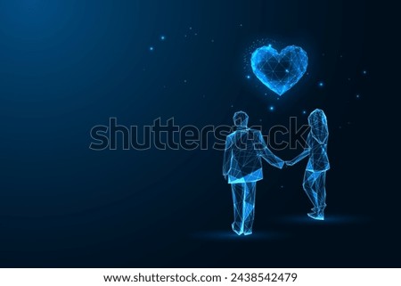 Love, romantic relationshios futuristic concept with man and woman couple holding hands and looking at heart in glowing polygonal style on dark blue background. Abstract design vector illustration
