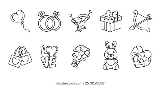 Love and romantic relationship line icon set. Valentine celebration presents outline symbols. Wedding party vector illustration collection. Heart shape balloon, gift box, letters, cupid arrow concept.