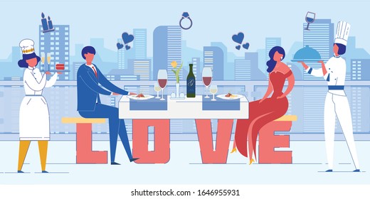 Love, Romantic Relationships Word Concept Banner. Elegant Couple Enjoying Dinner on Rooftop Cartoon Characters. Making Marriage Proposal in Luxury Restaurant with Cityscape View. Romantic Date Idea
