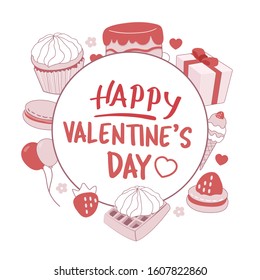 Love and romantic set of elements for valentine's day and wedding with hearts, cupcakes, macaroon, cake, love, strawberry. Happy valentine's day card.