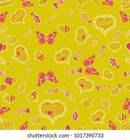 Love romantic theme. Modern design for decor. Simple minimalist geometric seamless texture. Valentines day background. Subtle vector pattern with tiny yellow, pink and white hearts on backdrop.
