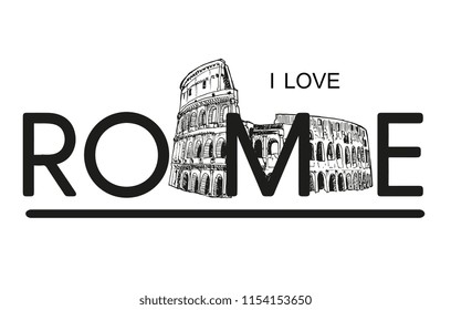 Love Rome With Colosseum Vector Sketch Illustration