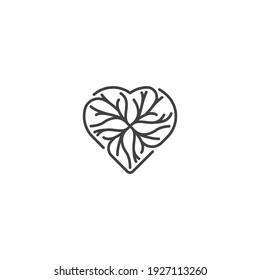 Árbol de raíz o árbol de ramas, corazón de forma de raíz. Plantilla de icono del logotipo del vector
