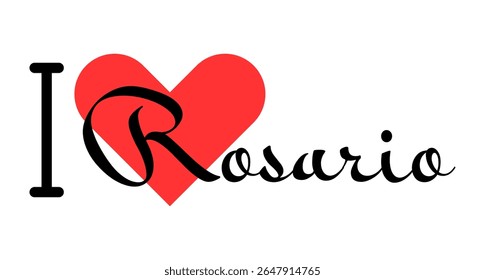 Eu amo Rosario, cidade da Argentina. Cartas desenhadas à mão com coração vermelho. Letras de ilustração vetorial, design moderno para impressão de camiseta, banner, cartaz, adesivo ou rótulo.