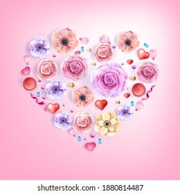 Love rose heart vector greeting card, floral Valentine’s Day poster with anemones, petals, flowers, confetti. Holiday romantic spring illustration design on pink background. Heart-shaped rose card