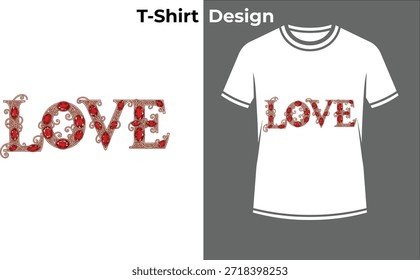 Amor rosa tipografía camiseta Ilustración vectorial, diseño de texto floral hecho de flores rojas para el día de San Valentín, romance, y arte de la boda.