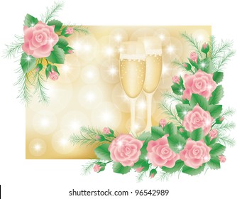 Love roses and champagne wine , vector illustration