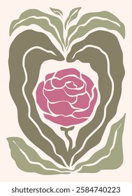 Love roses flower framed art print hand drawn leaves shapes matisse style, naive art, contemporary background