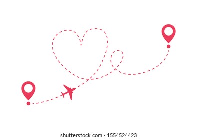 Love route. Plane route from departure to arrival. Love trip, romantic travel. 