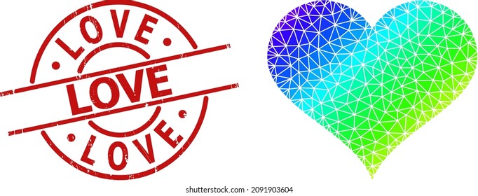 LOVE rubber stamp seal, and lowpoly rainbow colored love heart icon with gradient. Red stamp seal includes Love title inside round and lines shape.