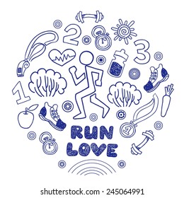 Love run blue vector icons set. Healthy lifestyle background