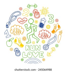 Love run color vector icons set. Healthy lifestyle background