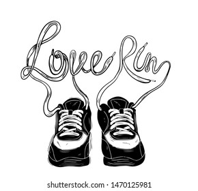  "Love run" Running quote. Hand drawn vintage illustration with hand lettering. This illustration can be used as a print on t-shirts and bags, stationary or as a poster.