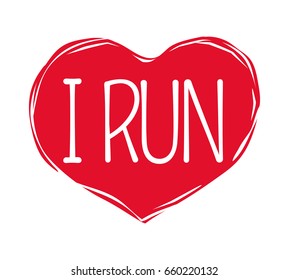 I love run text in red hand drawn heart logo template sign for race advertisement