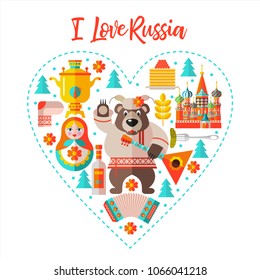 I love Russia. Flat vector illustration. Set of clipart on the Russian theme arranged in the shape of the heart.