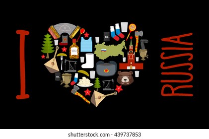 I love Russia. Heart of sights of Russian Federation. Russia map and flag bear and an oil rig. Balalaika and Ushanka, dumplings. Moscow Kremlin. Landmark Traditional Folk.  national patriotic symbols