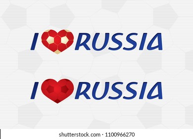 I Love Russia Italic Type Cut Logo Lettering with Soccer Game Ball Style Heart - Blue Gold and Red on White Football Ball Texture Background - Vector Hand Drawn Graphic Design