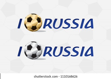 I Love Russia Italic Type Cut Logo Lettering Set with Gold and Silver Football Game Ball Instead of Heart - Blue Golden and Silver on White Soccer Ball Texture Background - Vector Hand Drawn Design