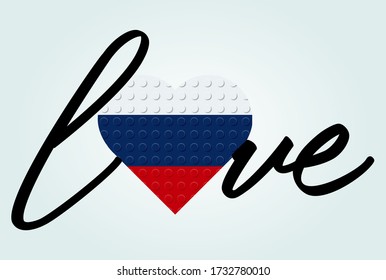 Love Russia Text. Flag in heart. Calligraphy text. From plastic building toy bricks or blocks. Vector illustration.