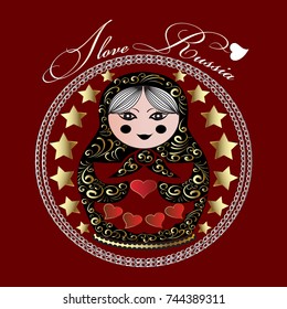I love Russia. Vector matryoshka mandala with vintage pattern. Traditional Russian doll.  Babushka doll with love hearts, flowers , gold stars, lettering, ethnic floral ornaments on red background