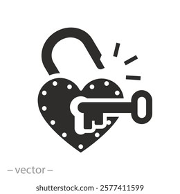 love safety concept, key and open heart padlock icon, flat vector illustration