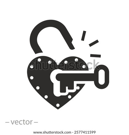 love safety concept, key and open heart padlock icon, flat vector illustration