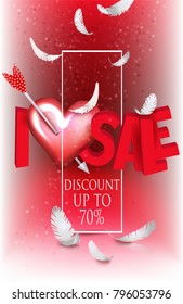 I LOVE SALE BANNER WITH FRAME, PAPER FEATHERS AND RED HEARTS. VECTOR ILLUSTRATION