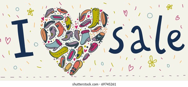 I love sale - Heart made of cartoon shoes in vector