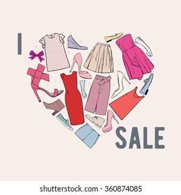 I love sale, heart of women clothing, shoes and bows. Vector