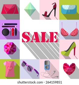 I Love Sale, icon, set is made of different female fashion accessories. 
