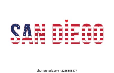 I love San Diego Typographic Design, National flag, Corporate design, USA, America, United states, Flag of USA, Typography, Vector, San Diego, City in California, California, I love San Diego, Eps.