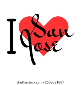 I love San Jose, city of Costa Rica. Hand drawn letters with red heart. Vector illustration lettering, modern design for print t shirt, banner, poster, sticker or label.