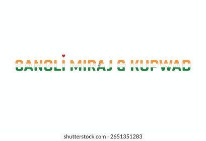 I Love SANGLI MIRAJ en KUPWAD, Typografisch ontwerp van I Love SANGLI MIRAJ en KUPWAD op een witte achtergrond, Vlag Typografie van SANGLI MIRAJ en KUPWAD met hart