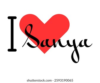 I love Sanya, city of China. Hand drawn letters with red heart. Vector illustration lettering, modern design for print t shirt, banner, poster, sticker or label.