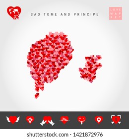 I Love Sao Tome and Principe. Red and Pink Hearts Pattern Vector Map of Sao Tome and Principe Isolated on Grey Background. Love Icon Set.