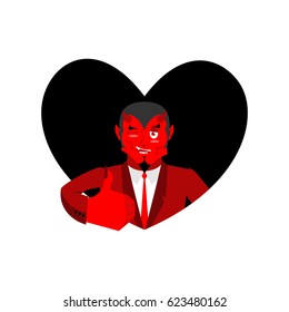 Love of Satan. Devil and black heart. Thumb up. Red Daemon
