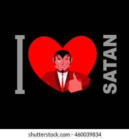 I love Satan. Symbol of heart and devil with horns. Red Demon. Prince of darkness and underworld. Lucifer Boss. Religious and mythological character, supreme spirit of evil. Diablo Lord of Hell.