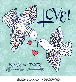 Love! Save the date! Cute vectir postcard with birds.