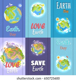Love and save Earth day posters set. Planet with factory building, clouds and bright sun, silver moon, green plants and air crafts vector illustration.