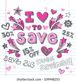 I Love to Save Sketchy Notebook Doodles Shopping Discount  Hand-Drawn Illustration Design Elements on Lined Sketchbook Paper Background