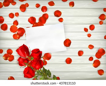 Love scene with free space for text. Table with rose petals, gift and rose. Top view. EPS 10 vector file included