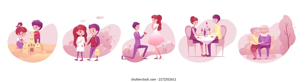 Love scenes of couples set vector illustration. Cartoon boy and girl building sand castle, walking together, guy making marriage proposal to girl, grandparents sitting on park bench isolated on white
