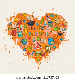 I love school background with colorful blots,inks,themed design with elements:hat graduate,apple,books,flasks,basketball,alarm clock,backpack,school bus, globemicroscope in the shape of heart 