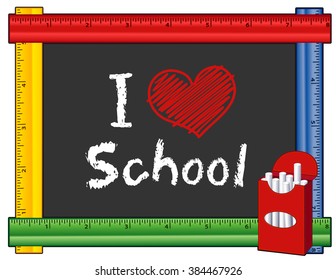 I Love School Chalkboard, box of chalk, text with big red heart, blackboard with multi color ruler frame for preschool, daycare, kindergarten, elementary, nursery school. EPS8 compatible. 