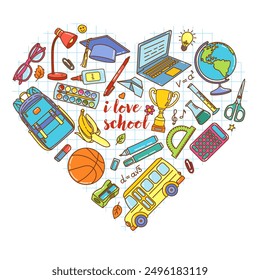  I Love School heart-shaped illustration filled with colorful school elements on a grid paper background