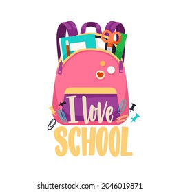 Ich liebe die Schule, die Schreibweise mit offenen Schultaschen gefüllt mit Büchern, Notizbüchern und anderen Schreibwaren in Taschen Taschen. Mädchenknapsack. Flache Vektorgrafik des Rucksacks einzeln auf Weiß