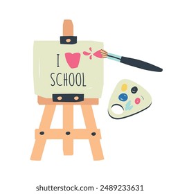 I love school. tools for drawing or sketching. Hand drawn vector set. easel, paints, brush, palette. Colored illustration in flat style